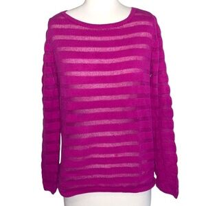 ANN TAYLOR stripe mesh fuschia scoop neck long sleeve sweater in women’s size L